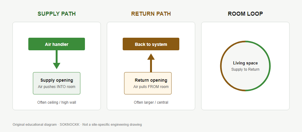Diagram of supply air pushing into a room and return air pulling back to the system