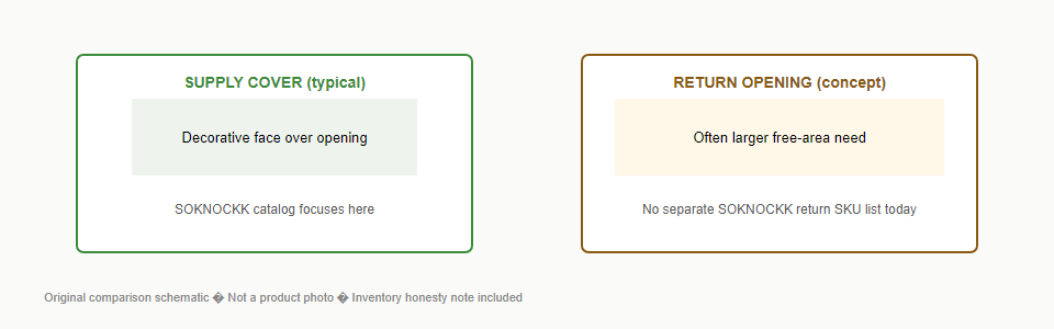 Schematic comparing a typical supply cover concept with a larger return opening concept