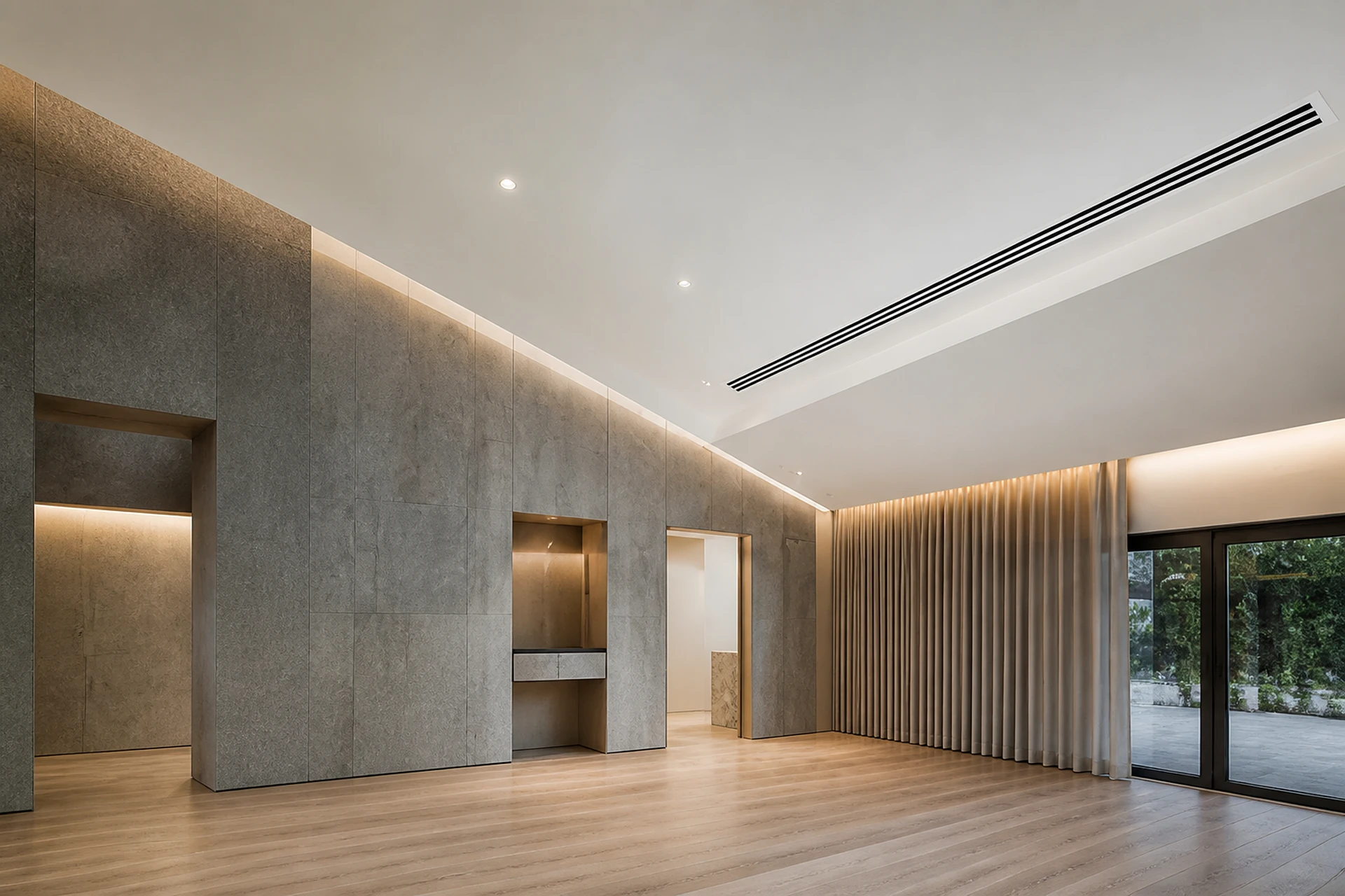 Modern interior with a black linear slot diffuser in the ceiling